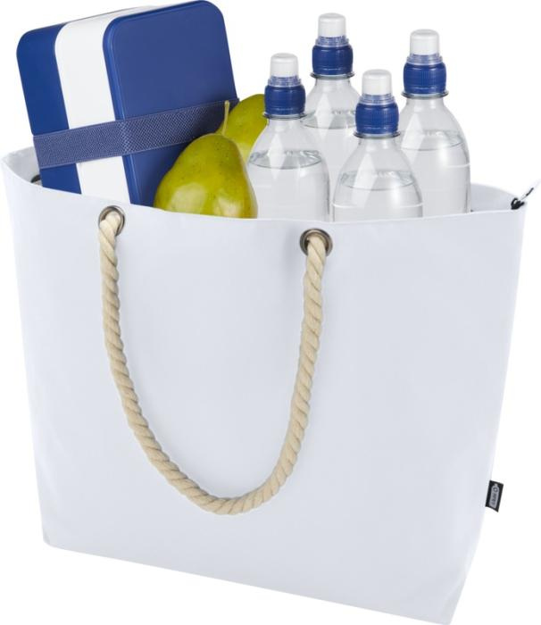 Logotrade werbemittel das Foto: Panama Strandkühltasche mit Kordelgriffen aus recyceltem GRS-Material