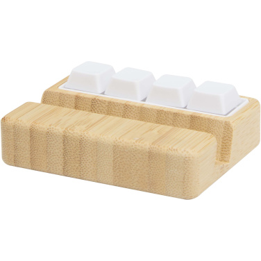 Logotrade Werbeartikel das Foto: Algol Smartphonehalterung  aus recyceltem Kunststoff mit Fidget-Toy mit Bambusdetails