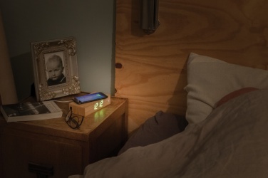 Logo trade business gifts image of: Bamboo alarm clock with 5W wireless charger