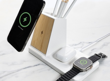 Logotrade promotional product picture of: Ontario recycled plastic & bamboo 3-in-1 wireless charger