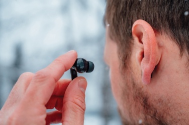 Logo trade corporate gifts image of: Skywave RCS recycled plastic solar earbuds