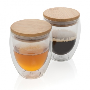 Logotrade promotional gift picture of: Double wall borosilicate glass with bamboo lid 250ml 2pc set