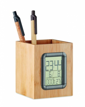 Logo trade promotional merchandise image of: Bamboo pen holder and LCD clock