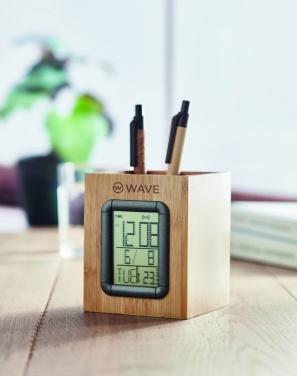 Logo trade business gifts image of: Bamboo pen holder and LCD clock