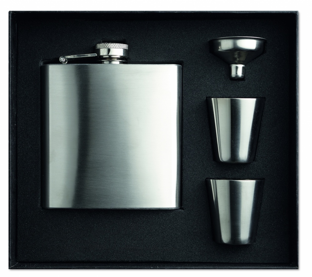 Logo trade business gifts image of: Slim hip flask w 2 cups set