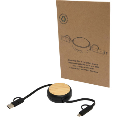 Logo trade promotional giveaways picture of: Chechia 5-in-1 recycled plastic 100 cm retractable data sync and 45W fast charge cable