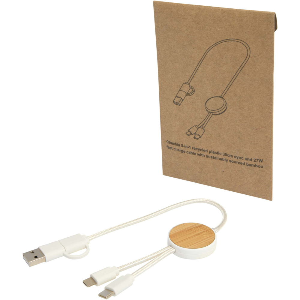 Logotrade advertising product picture of: Chechia 5-in-1 recycled plastic 30 cm data sync and 27W fast charge cable with bamboo details