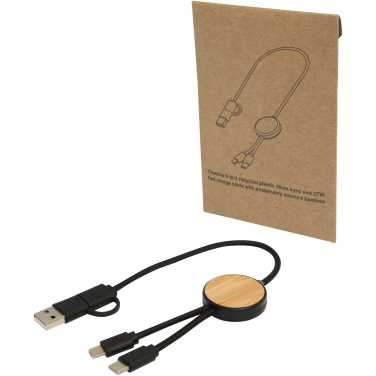 Logotrade promotional products photo of: Chechia 5-in-1 recycled plastic 30 cm data sync and 27W fast charge cable with bamboo details