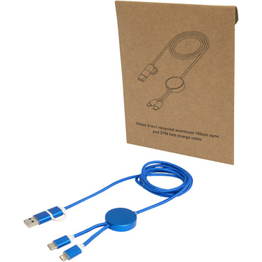Logo trade corporate gifts image of: Alasia 5-in-1 recycled aluminium and plastic 150 cm data sync and 27W fast charge cable