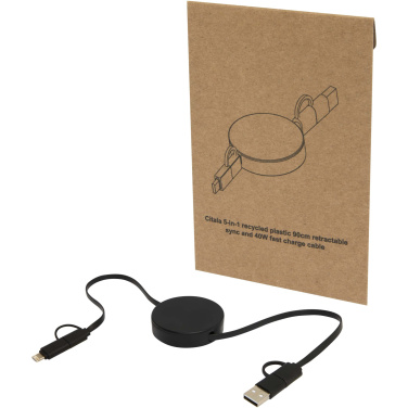 Logo trade promotional merchandise image of: Citala 5-in-1 recycled plastic 90 cm retractable data sync and 40W fast charge cable