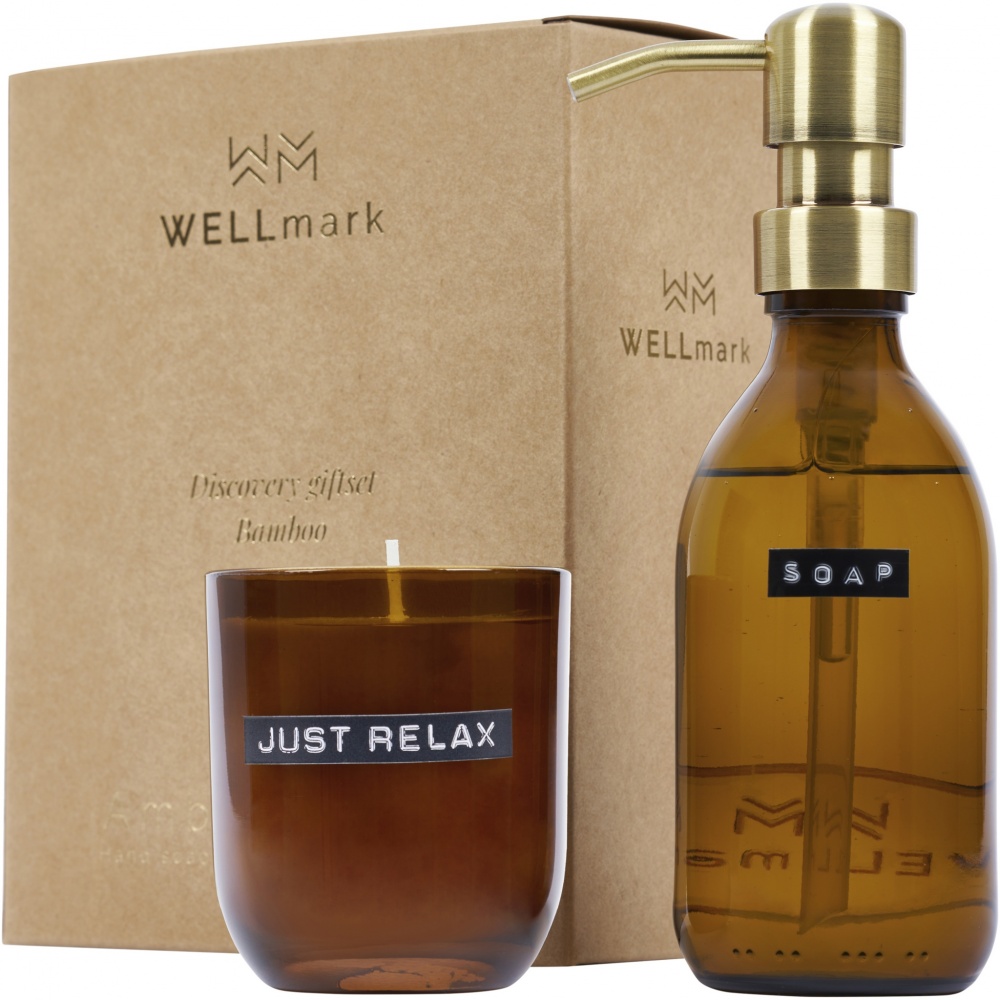 Logotrade ärikingi foto: Wellmark Discovery 200 ml käteseebi dosaator ja 150 g lõhnaküünla komplekt - bambuse lõhn