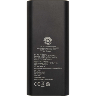 Logo trade mainoslahja kuva: Acamar 20 000 mAh:n ja 70 W:n kannettavan tietokoneen varavirtalähde kierrätetystä alumiinista